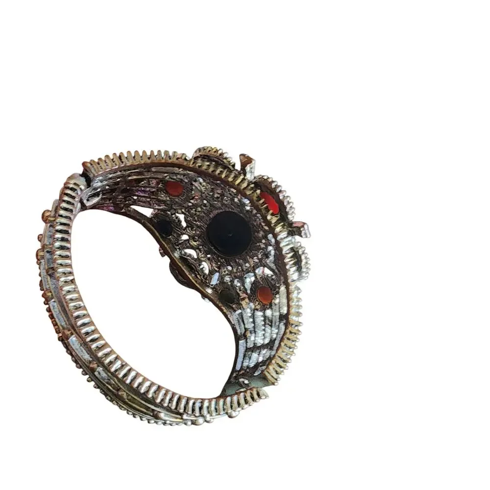 VINTAGE LARGE COLORFUL RHINESTONE GOLDTONE BRASS CUFF HINGED BRACELET